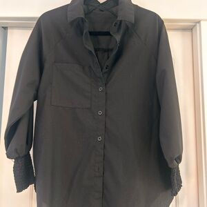 Black Button-Up Shirt with Smocked Sleeves